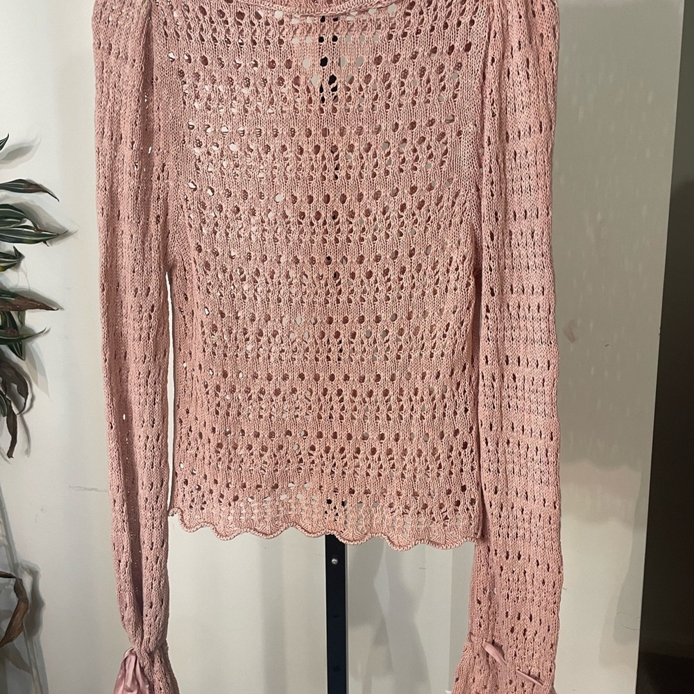Free People|| Pointelle Crochet Pullover in Mauve Rose, Size Small - Picture 8 of 8